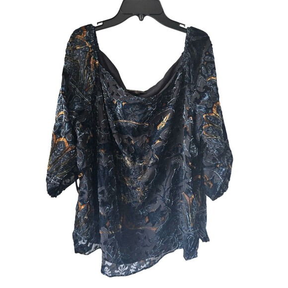 Off Shoulder Burnout Velvet Witchy Whimsigoth Gypsy Boho Top Black Blue Gold L - Picture 1 of 11